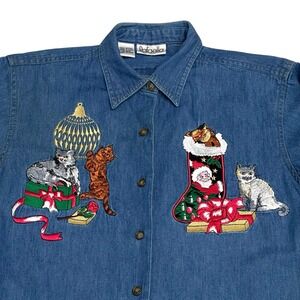 Rafaella Vintage Embroidered Cat Christmas Denim Shirt Women's Size Large